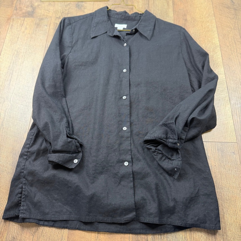 Talora Black Linen Blend Button Up Tunic Shirt Long Sleeve Side Slits Size L